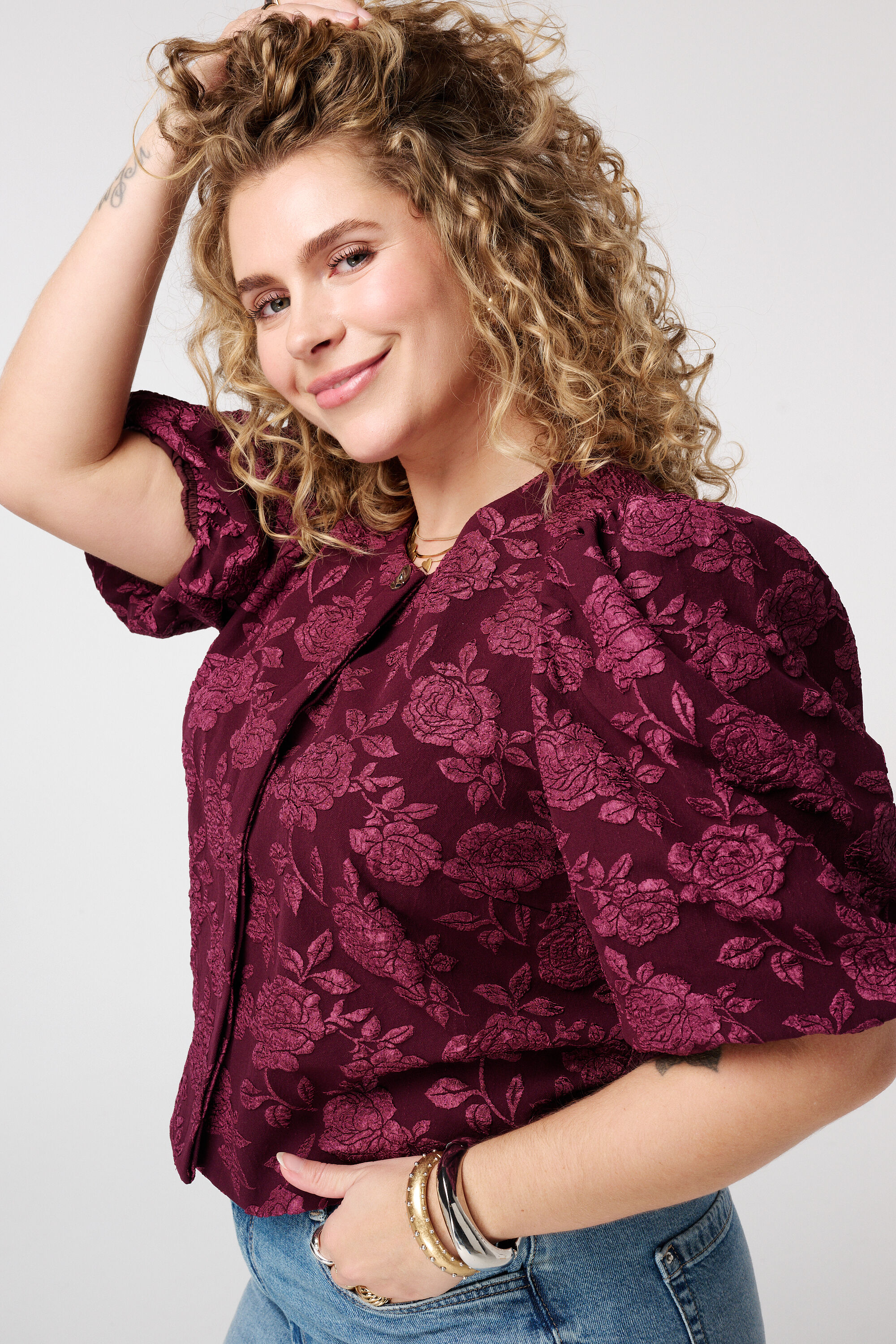 Top jacquard &agrave; manches bouffantes image number 4