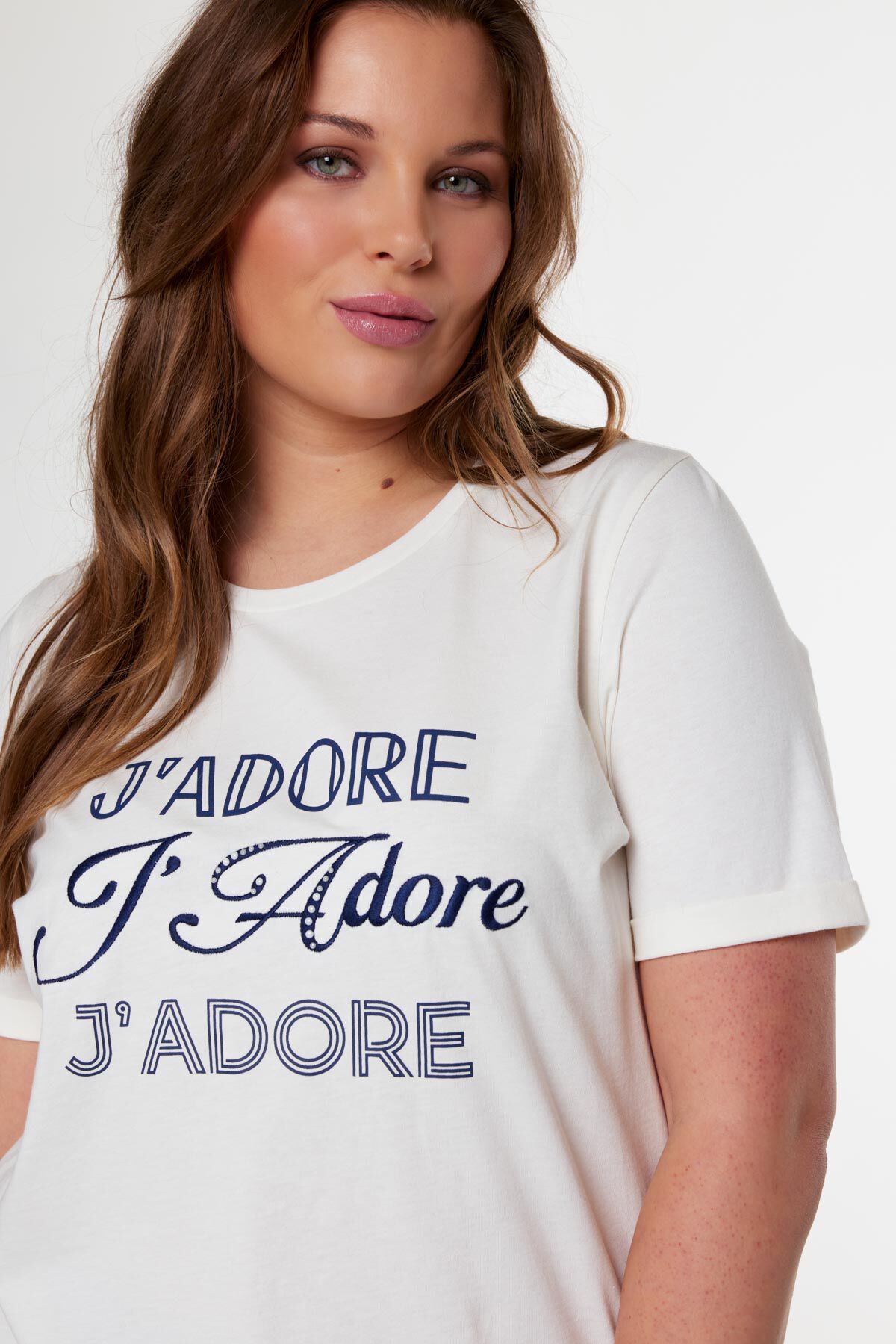 Femmes T shirt avec inscription J adore cr me MS Mode
