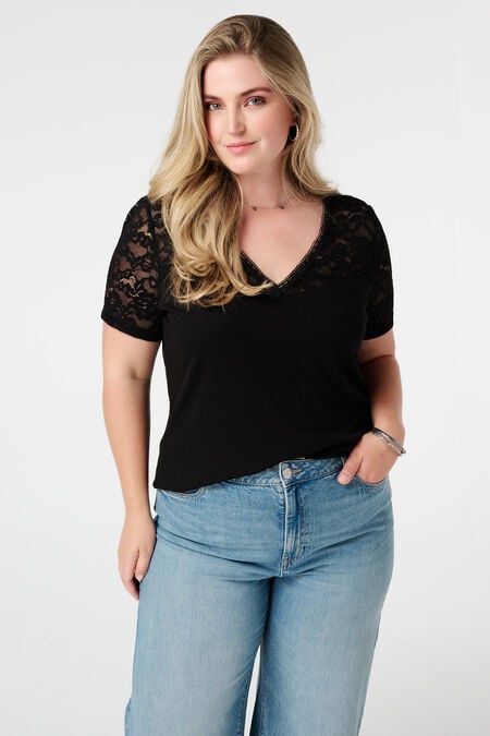 T-shirt côtelé avec dentelle T-shirt côtelé avec dentelle