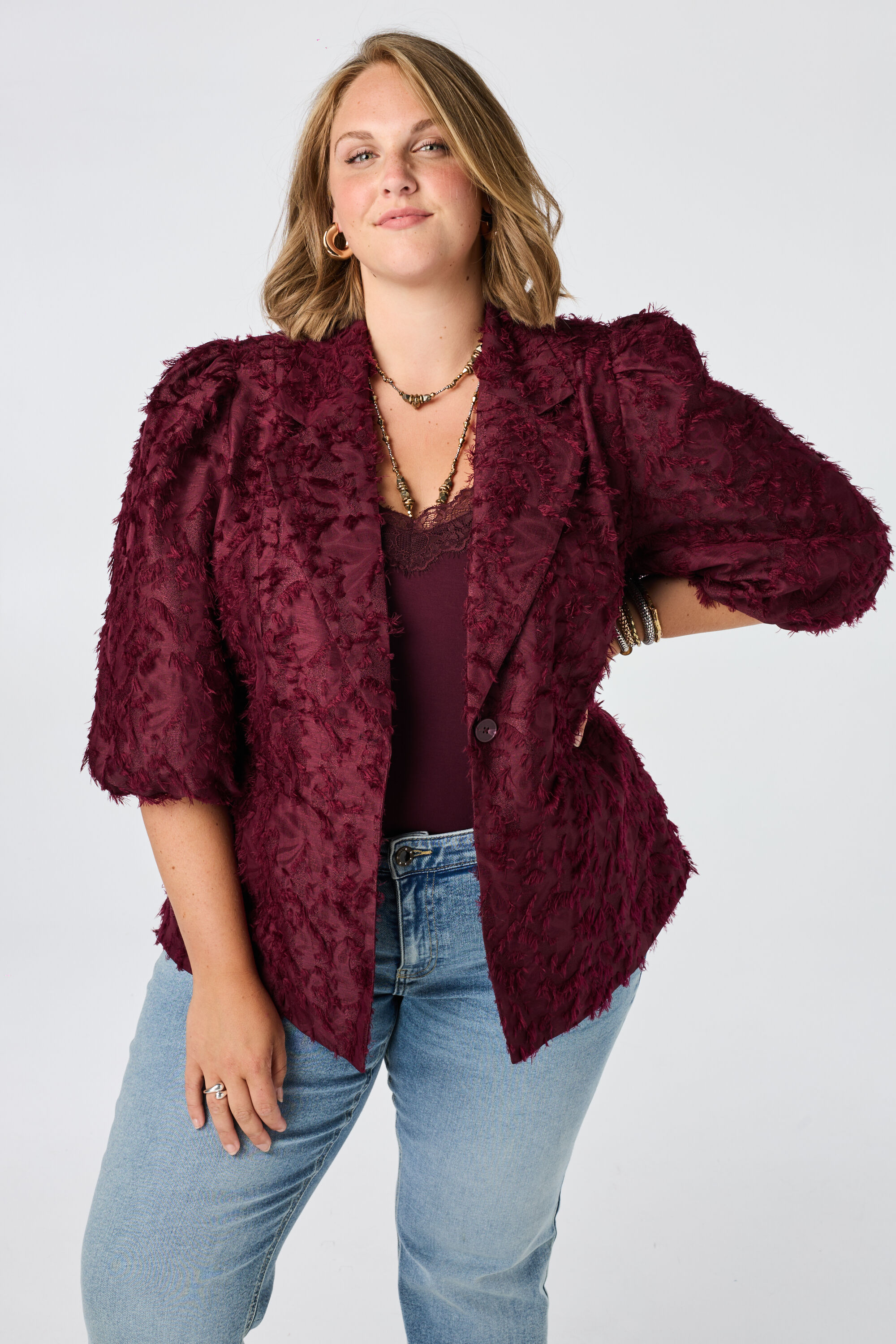 Blazer duveteux &agrave; manches bouffantes