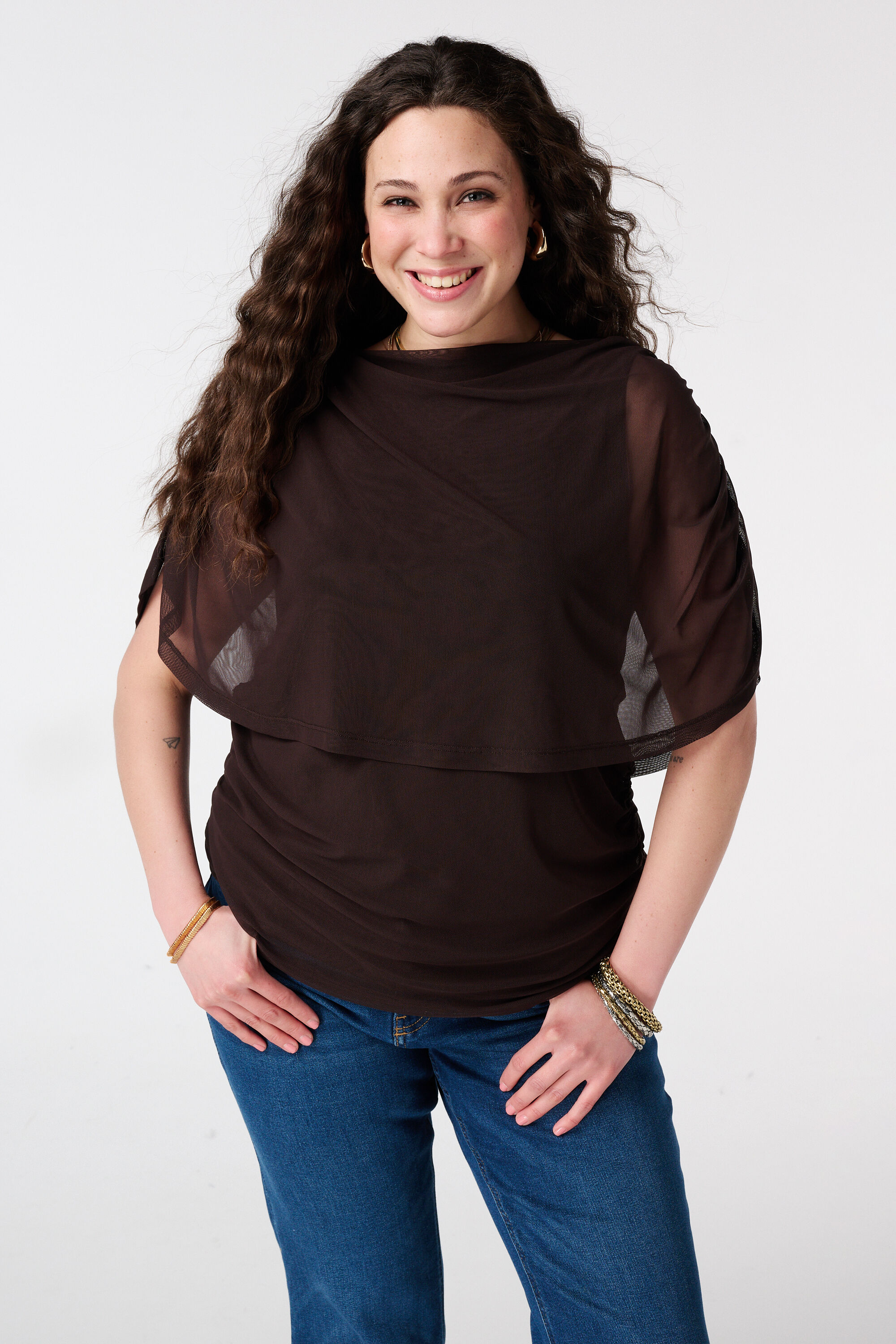 Top en mesh &agrave; manches drap&eacute;es