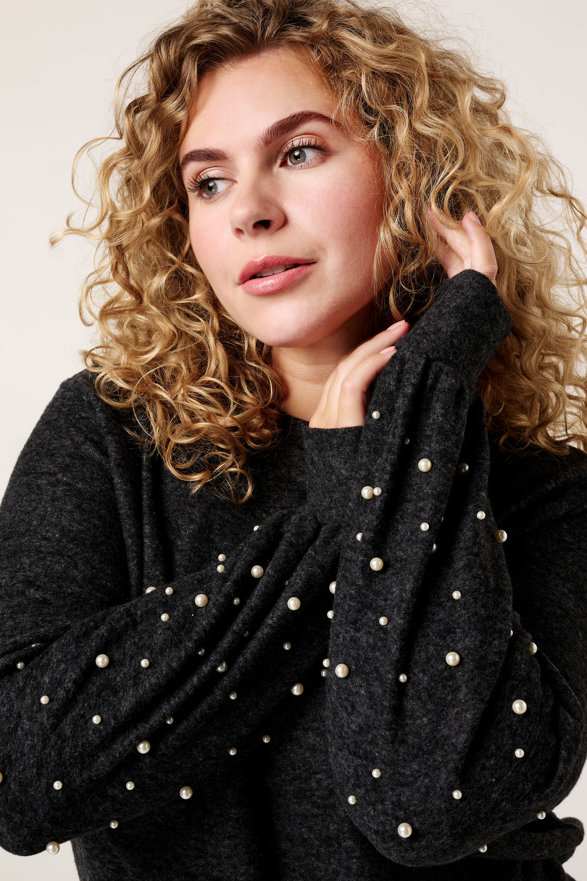 Femmes Pull avec perles gris fonce melange MS Mode