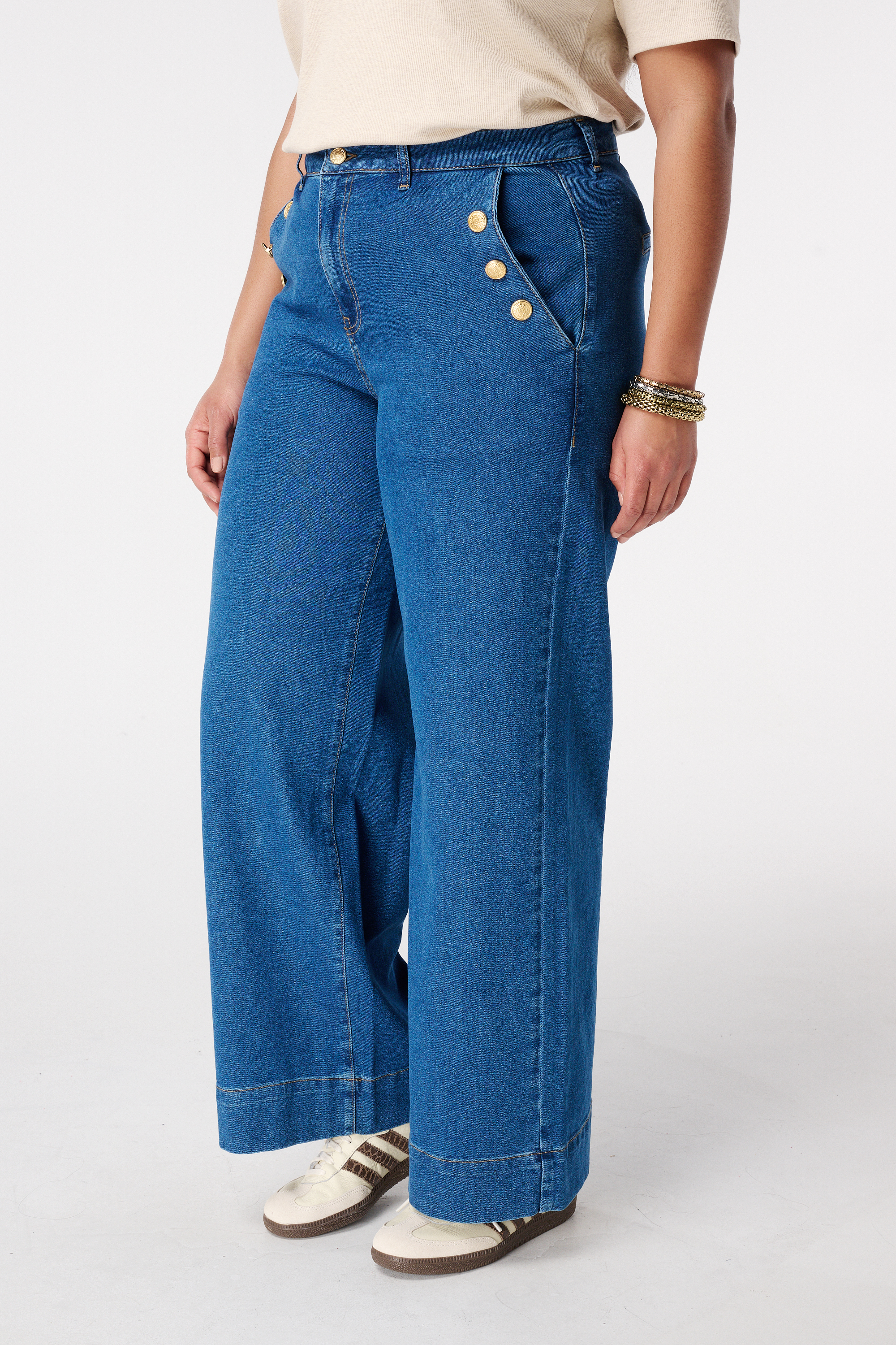 Pantalon En Denim À Jambe Large Bleu
