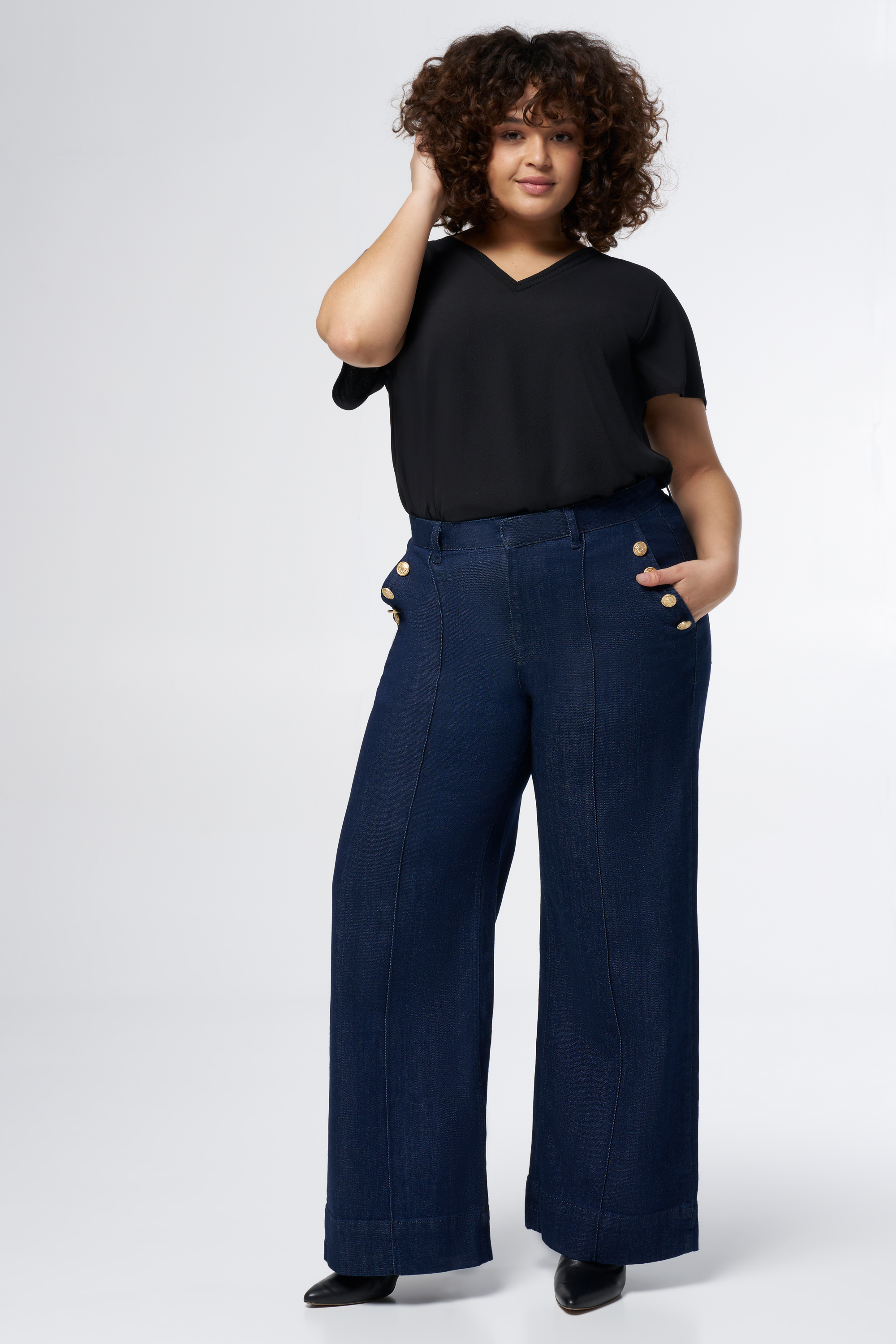 Pantalon en denim avec boutons dorés - Main Image